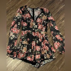 Black Floral Lace Long Sleeve Romper